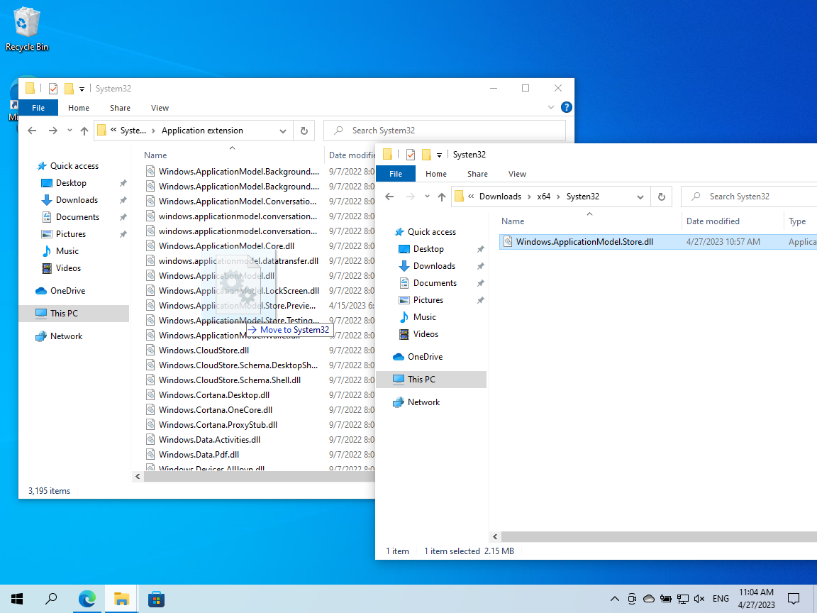 Drag and drop file Windows.ApplicationModel.Store.dll in the system folder